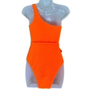 PacSun Neon Orange One Piece Textured Soft One Shoulder Modest Summer Swimsuit